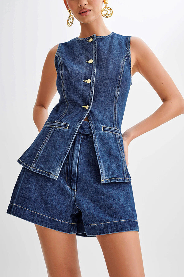 Summer Casual Sleeveless High Waist Women Denim Shorts Sets