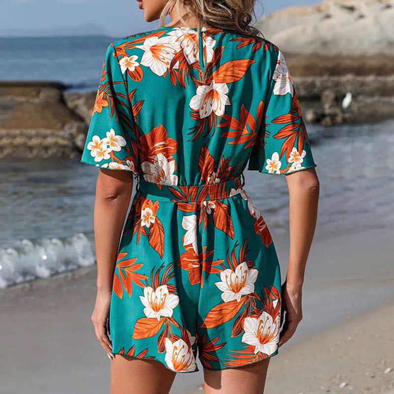Beach Vacation Ruffle Sleeve Cross Collar Belt Short Culottes Women Loose Printed Jumpsuit Women