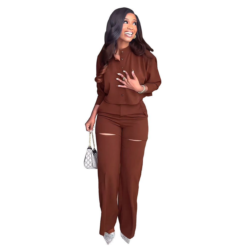 Long Sleeved Cardigan Short Top Suit Holes High Waist Trousers Two Piece Suit