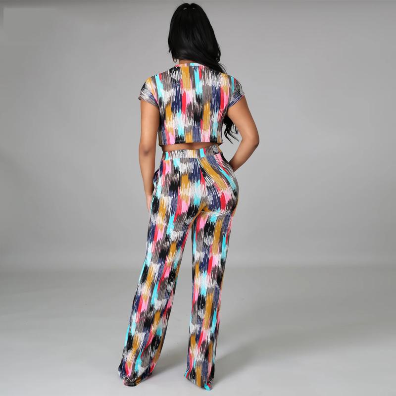 Printed Women Tracksuits Short Sleeve O-Neck T Shirt + High Waist Long