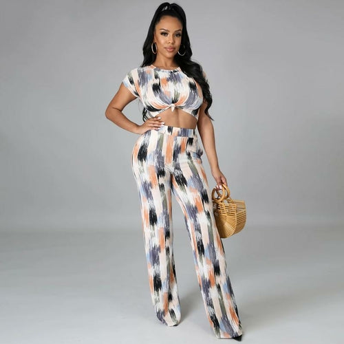 Printed Women Tracksuits Short Sleeve O-Neck T Shirt + High Waist Long