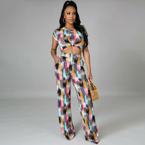 Printed Women Tracksuits Short Sleeve O-Neck T Shirt + High Waist Long